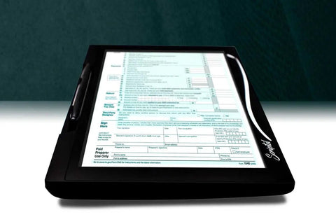 Sharp Letter Sized Digital Signature Tablet Boasting A Blazing 1080p Hd Backlit Display Mated To A Rugged Adjustable Stand delivering a clear interface for signatures.