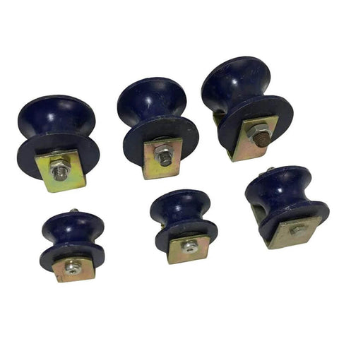 Six blue U-Type groove roller wheels with square mounting plates and bolts for heavy-duty barn door hardware (70mm)