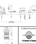 Diagram of Chrome 8 Inch Widespread Bathroom Faucet With Metal Pop Up Drain Lead Free 3 Hole Lavatory Faucet For Sink Vanity Use WF0084C No Fuss Easy Install Durable Finish, showing dimensions and hole requirements.