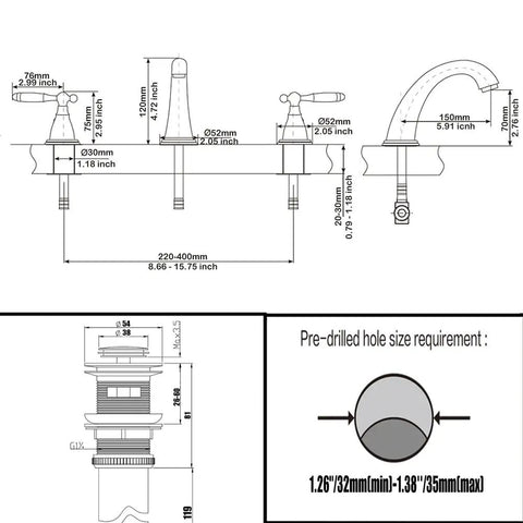 Diagram of Chrome 8 Inch Widespread Bathroom Faucet With Metal Pop Up Drain Lead Free 3 Hole Lavatory Faucet For Sink Vanity Use WF0084C No Fuss Easy Install Durable Finish, showing dimensions and hole requirements.