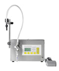 Semi Automatic Liquid Filling Machine With Stainless Steel Peristaltic Pump And Digital LCD Screen For Bottles Beer Wine Vinegar Milk Perfume, front view with foot switch and attached hose.