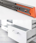 Soft Close Drawer Runners In Stainless Steel 3 Section Telescopic Drawer Slides With Ball Bearing Side Mount Guides 20 Inch Pack Of 2 Built Tough Damping Rails For Kitchen Cabinets And Furniture Drawers in use and side view.