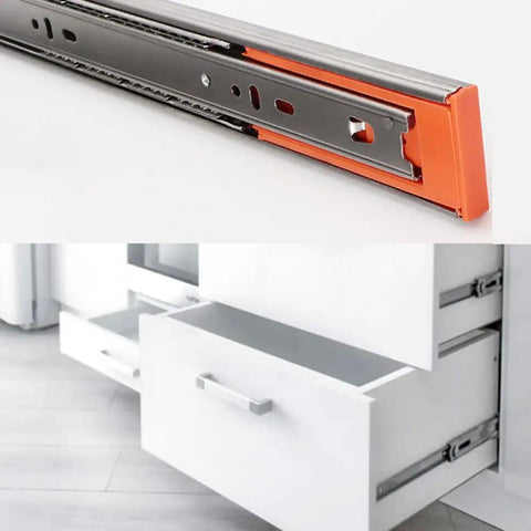 Soft Close Drawer Runners In Stainless Steel 3 Section Telescopic Drawer Slides With Ball Bearing Side Mount Guides 20 Inch Pack Of 2 Built Tough Damping Rails For Kitchen Cabinets And Furniture Drawers in use and side view.