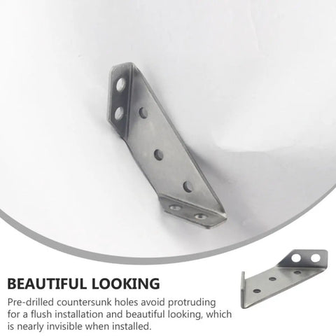 Stainless Steel Angle Brackets 10 Pcs With Pre-Drilled Countersunk Holes, Trapezoid Corner Braces, shown at an angle on white background