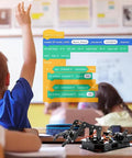 Toy robotic arm kit, 4-DOF ESP32, black metal frame on classroom desk, front view