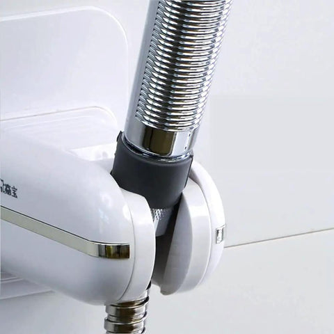 Close-up of 360 Degree Adjustable Shower Head Holder Wall Mount with Tool Free Ultra Strong Adhesive Bracket on tile surface