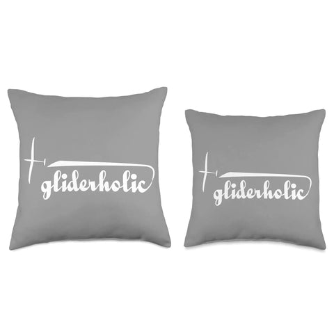 Throw Pillow Glider Plane Pilot Theme Soaring Flight Artwork Double Sided 100 Percent Polyester Cushion Cover Great Gift For Aviation Fans Travelers And Mountain Flight Enthusiasts; Two sizes with 'gliderholic' design on gray background