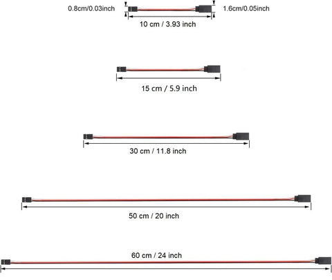Set Of 30 Pcs 3 Pin Servo Extension Cables, Male To Female Leads, RC Hobby, lengths 10cm to 60cm, shown with measurements