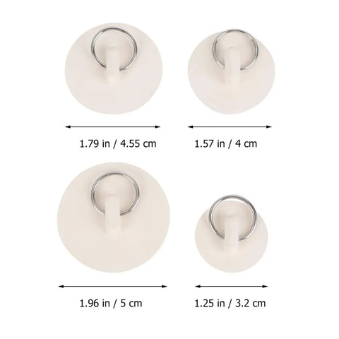 White Rubber Sink Stopper with Hanging Ring 4pcs for Bathtub Drains, various sizes shown, each with metal hanging ring.