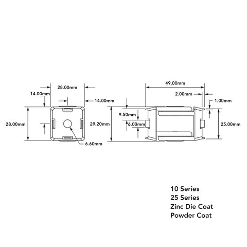 Diagram of Two Hole Flexible Pivot Joint Connector for aluminum extrusions, 180 degree adjustable mount, fits 1 inch or 25mm T slot profiles.