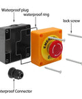 Exploded view of Red IP65 Waterproof Emergency Stop Push Button Switch With 1 NO 1 NC Contacts, DPST Constricting Action, 660V AC 10A.