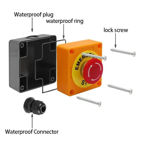 Exploded view of Red IP65 Waterproof Emergency Stop Push Button Switch With 1 NO 1 NC Contacts, DPST Constricting Action, 660V AC 10A.