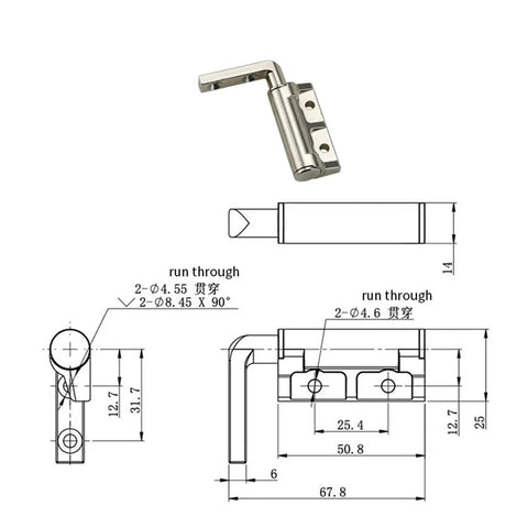 L-shaped zinc alloy damping hinge with screw mounting; adjustable torque, load-bearing, 1 piece.