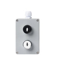 BHOLSA metal push-button control box front view; two up/down arrow buttons on a gray explosion-proof waterproof enclosure.