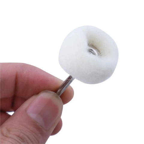 Close-up of a 1-inch head from Mini Wool Felt Polishing Wheel Kit For Rotary Tools 100 Pcs 1 Inch Heads With 3mm Shank Cotton