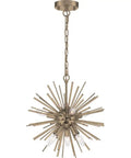 Cirrus Six Light Chandelier With Vintage Brass Finish And Clear Glass Rods Indoor Dry Rated Ceiling Light Fixture showing starburst design