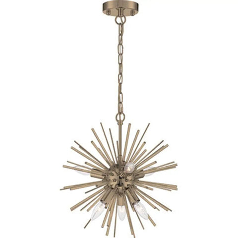 Cirrus Six Light Chandelier With Vintage Brass Finish And Clear Glass Rods Indoor Dry Rated Ceiling Light Fixture showing starburst design