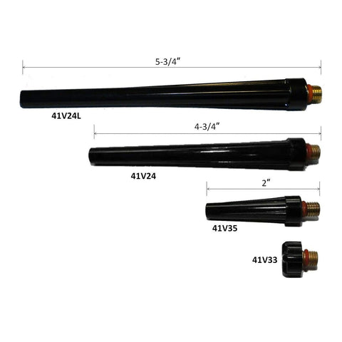 Different sizes of SR WP 9 20 series collet bodies from Pro-Grade TIG Welding Torch Spare Parts Kit With Wedge Collet Bodies Quartz Nozzles And Clear Glass Cups For SR WP 9 20 Series Includes One Sixteenth Inch, Three Thirty-Second Inch, One Eighth Inch Sizes Heat Shield 18-Piece Set displayed horizontally
