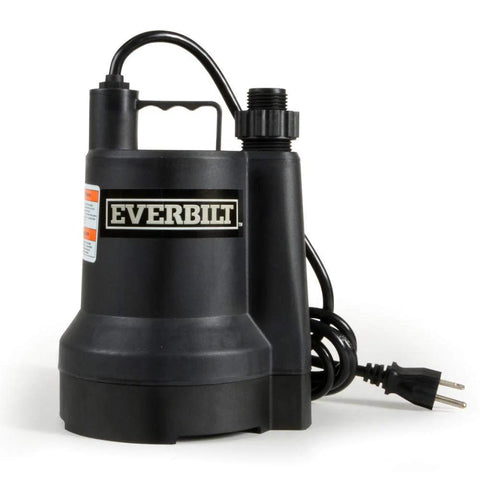 Everbilt SUP54-HD 1/6 HP plastic utility pump, black submersible pump with power cord and plug.