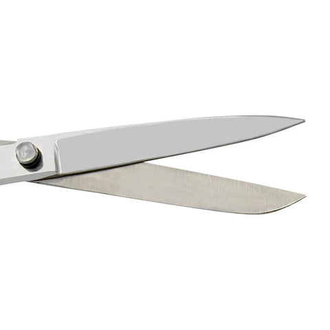 Close-up of carbon steel blades on Heavy Duty 12 Inch Fabric And Leather Cutting Scissors For Sewing And Crafting, Pro Grade Industrial Sharp Shears for Dressmakers, Artists, And Home Office Use For DIY Projects.