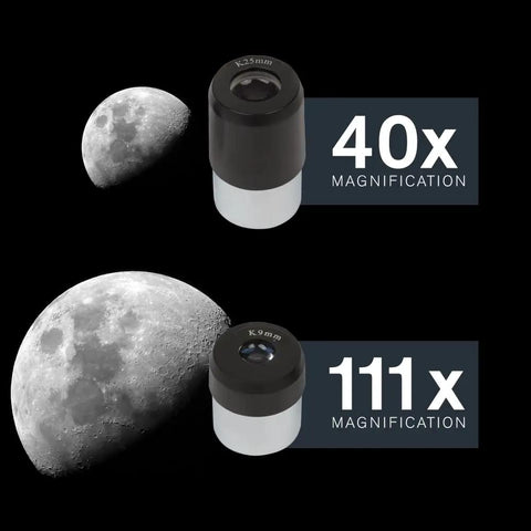 Close-up of two eyepieces with 40x and 111x magnification for Beginner Friendly Computerized Newtonian Telescope With GoTo Mount 114mm Reflector.