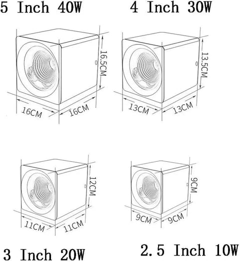 Diagram showing dimensions of iumLeap Recessed Lighting Housing Trim Kits White COB Ceiling Spotlight Fixture Downlight Bright Square Aluminum Indoor Panel Light for Hallway Display Mall, Warm Light(3000k)_30w.