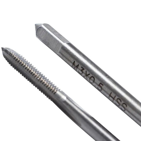 Two taps from High Speed Steel Mini Metric Tap Kit, 10 Piece Threaded Tap Set For M1, M1.2, M1.4, M1.6, M1.7, M1.8, M2, M2.5, M3, M3.5 Threads