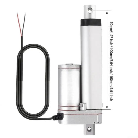 Built Different 12V Linear Actuator Packing 1500N Thrust And IP65 Waterproof Aluminum Housing With Self Locking Motor, side view with dimensions.