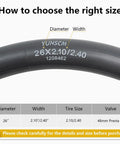 Two Pack Beefy 26 Inch Bike Inner Tubes 26x2.10 To 2.40 With FV48mm Presta Valve size chart and tube details
