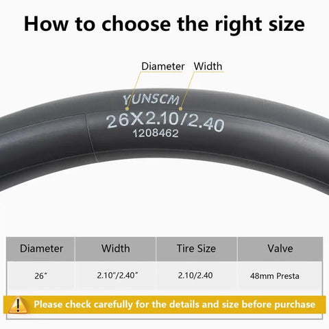 Two Pack Beefy 26 Inch Bike Inner Tubes 26x2.10 To 2.40 With FV48mm Presta Valve size chart and tube details
