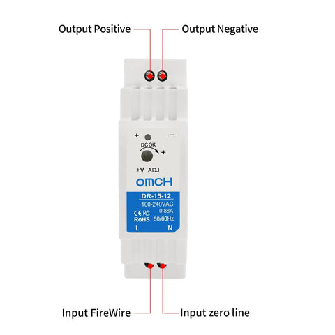 Front view of Heavy Duty Din Rail Power Supply 15 Watt 12 Volt Direct Current 1.25 Amp Output with connection labels.
