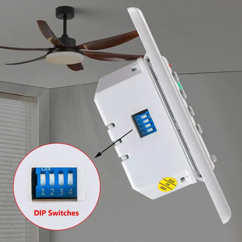Enhanced Universal Ceiling Fan Wall Control Remote With 3 Speed Regulator And Full Range Dimmer, Transmitter Only, DIP switches view