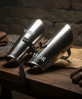 Functional Medieval Knight Armor Arm Guard Bracer In 18 Gauge Steel For Cosplay LARP And Historical Display on wooden table
