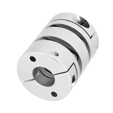Aluminum alloy shaft coupling adapter, silver, clamp-style with set screws, close-up view
