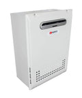 Rock Solid Natural Gas Tankless Water Heater 199000 BTU 11.1 GPM High Efficiency Outdoor Condensing Model shown from the side.
