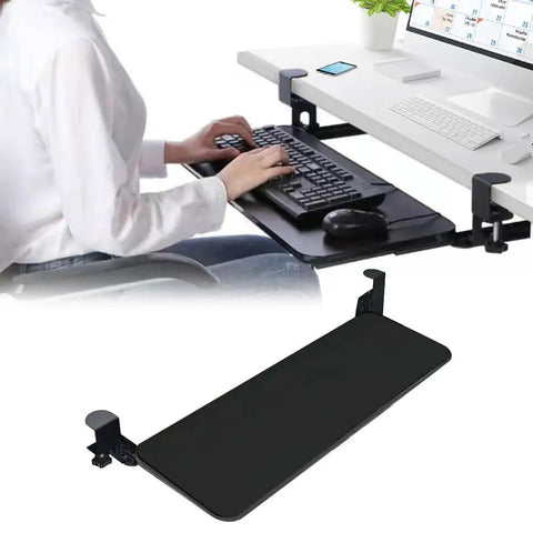 Hella Sturdy Under Desk Keyboard And Mouse Tray Pull Out Sliding Platform With Secure C Clamp Mount System Instant Install Height Adjustable For Ergonomic Workstation, black tray shown in use with keyboard and mouse.