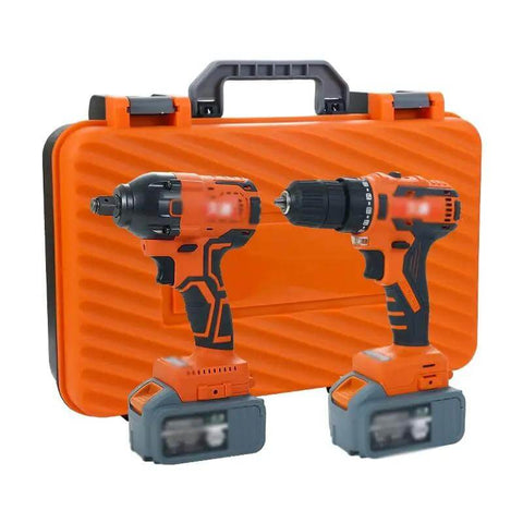 Badass Little Rechargeable Drill Set With Bright LED Light Two Speed Forward Reverse Switches Make Home Jobs A Breeze Compact Handheld Power Tool That Packs Serious Punch For Any Quick Fix in orange carrying case.