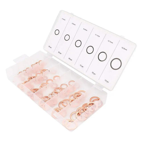 110 Piece Copper Washer Set With Mixed Sizes For Brake Lines Oil Lines And Small Engine Repair Durable High Conductivity Seals For A Tight Fit And Heat Resistance Your Go To Grounding Task Kit, assorted copper washers in labeled case