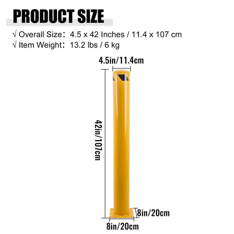 Heavy Duty Steel Safety Bollards Industrial Yellow Powder Coat Includes Anchor Bolts showing size 4.5 x 42 inches for driveway posts.