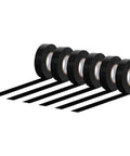 Six-pack of Electrical Tape Three Quarter Inch Black Vinyl With Strong Adhesive in a line showing flexible insulation, unwound six-pack