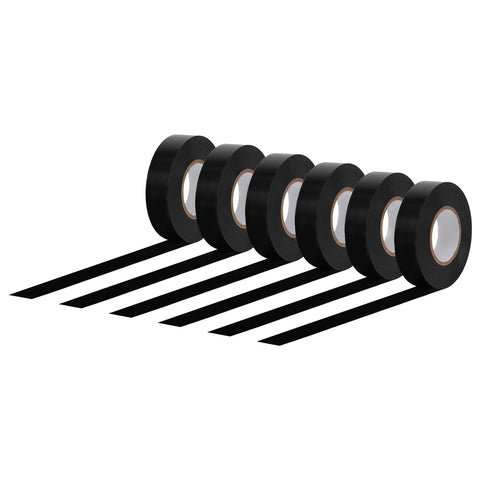 Six-pack of Electrical Tape Three Quarter Inch Black Vinyl With Strong Adhesive in a line showing flexible insulation, unwound six-pack