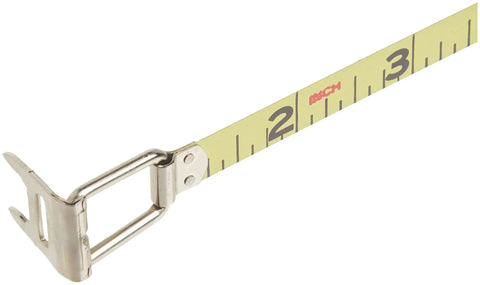 Close-up of Hi Viz Orange Speedwinder Long Steel Tape Measure 3/8 Inch By 100 Foot With Yellow Clad Blade Abrasion Resistant Coating Fast Rewind Heavy Duty Tape For Contractors And DIY Projects showing the yellow numbered blade with metal hook at the end.
