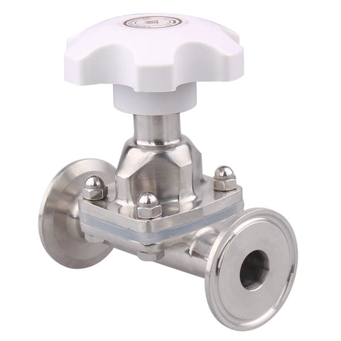 Sanitary diaphragm valve with white handwheel, 1.5-inch tri-clamp ends, stainless steel 316L body