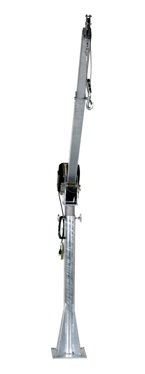Heavy Duty AC Powered Jib Crane With Telescoping Boom, 2000 Lb Lift Capacity, Galvanized Finish, 360 Swivel Base, smooth cable winch side view.