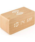 Dope Wooden Digital Alarm Clock With Qi Wireless Charging Pad For iPhone Samsung featuring time display and temperature tracker.