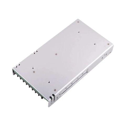 Beefy 350W Enclosed Switching Power Supply With 12V Output And 29A Max Current Ultra Low Profile 1U Design Built In Safety Protections A Real Workhorse For Tight Spaces And Industrial Control Panels, silver metal enclosure, top view