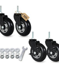 Heavy Duty 3 Inch M6 Metric Threaded Stem Casters Set Of 4 with black polyurethane wheels and locking brakes.