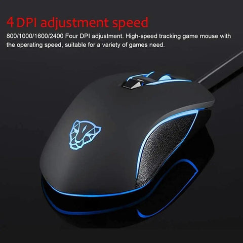 Top Tier Legit Gaming Mechanical Keyboard And Adjustable DPI Mouse Combo With Long Wired Cable For PC Laptop Desk Setup Featuring RGB LED Backlights And Non Slip Grip Pad For A Straight Fire Gaming Session Right Now - close-up of high-speed gaming mouse showing DPI adjustment and glow effect.
