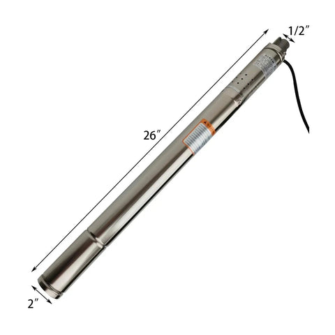 Built Like A Tank 1/2 Hp 110 Volt Stainless Steel Deep Well Submersible Water Pump with 26 inch length and 1/2 inch diameter.