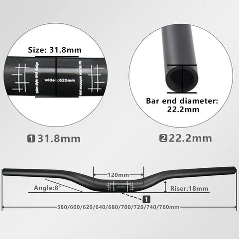 Carbon Mountain Bike Handlebar 31.8mm Riser, 620mm Length, UD Matte Finish, detail of measurements and angles shown on diagram.